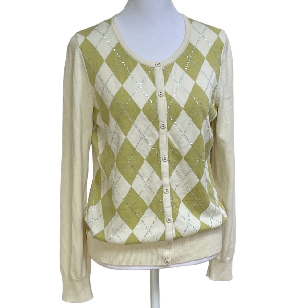 Talbots Green & Cream Argyle Cardigan Sweater Women’s Sz S Sequins Detail